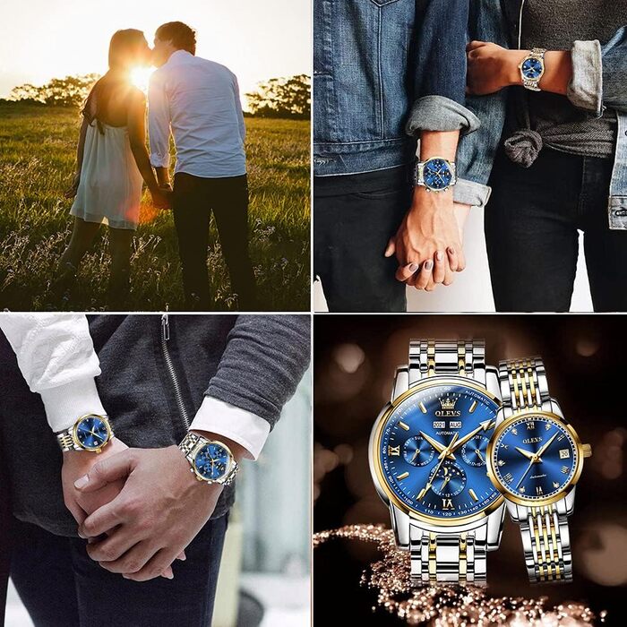 Набір механічних автоматичних годинників для пари OLEVS з календарем та фазами місяця, двоколірні (синій колір, Tourbillon)