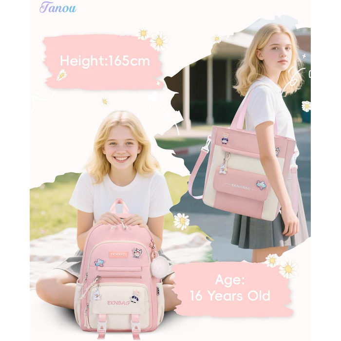Рюкзак Tanou для дівчаток, шкільний набір: рюкзак, сумка через плече та пенал, casual рюкзак для школи, рожевий