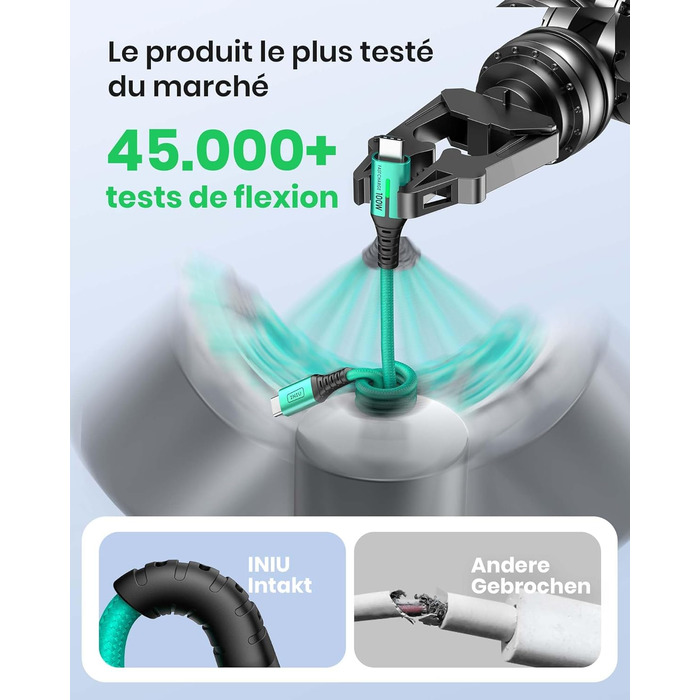 Кабель USB-C INIU 100W з підтримкою PD3.0, 2м, зелений. Сумісний з iPhone, Samsung, Pixel, iPad, MacBook. Нейлонова обплітання.