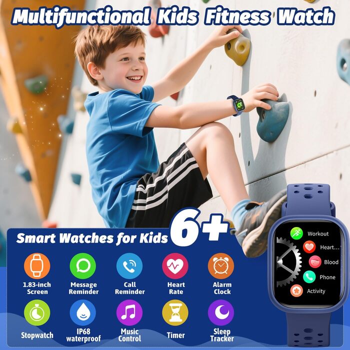 Дитячий розумний годинник Kinder Smartwatch для дівчаток та хлопчиків, водонепроникний (IP68), фітнес-трекер з пульсометром, монітором сну, іграми-пазлами та додатком, подарунок для підлітків 6+ (блакитний)
