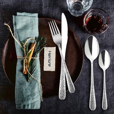 HaWare Набір столових приборів, 60 предметів: нержавіюча сталь, для 12 осіб (ніж, виделка, ложка), сучасний дизайн з молотковою ручкою, для дому, вечірки, готелю, ресторану, високоглянцеве покриття, придатний для миття в посудомийній машині