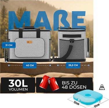 BigDean Термосумка-холодильник велика, 30 літрів, з 6 акумуляторами льоду. Ізольована, складна, витокозахисна та водонепроникна. Підходить для пікніків, обідів та покупок. До 5 годин охолодження.