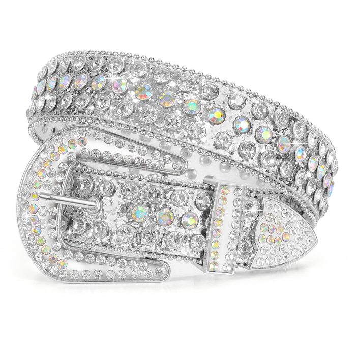 Жіночий шкіряний ремінь JasGood з камінням, стиль вестерн, ковбойський, з заклепками, сріблястий, 115 см (підходить для розміру штанів 81-95 см)