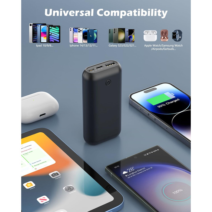 Powerbank 10000mAh Mini: Компактний зовнішній акумулятор для зарядки телефону. Micro USB + USB-C