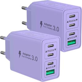 Двопакет USB-C зарядний пристрій Aioneus 4 порти з USB-C та USB-A, 40W швидка зарядка PD 3.0, блок живлення для iPhone 16 15 14 Pro Max 13 12 11 SE 2020 XS, Samsung, телефонів, фіолетовий