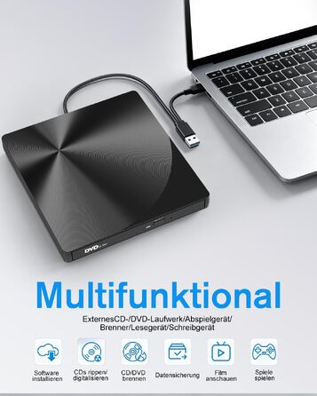 Зовнішній USB 3.0 та USB-C CD/DVD привід varkda для ноутбука та ПК, портативний DVD-плеєр та записник (RW/ROM), сумісний з Windows, macOS, Linux, чорний