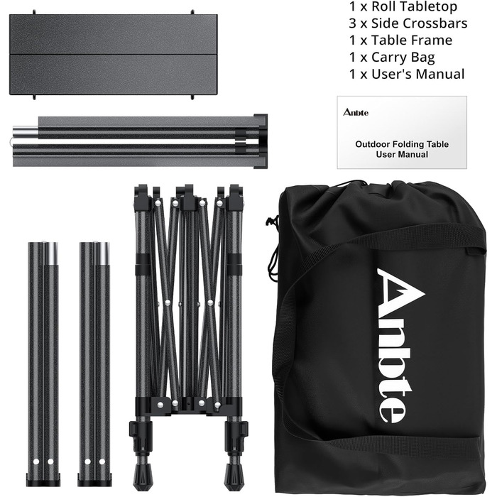 Складний алюмінієвий стіл для кемпінгу Anbte 67x58 см, регульована висота (44/70 см), вантажопідйомність до 150 кг, з сумкою для зберігання