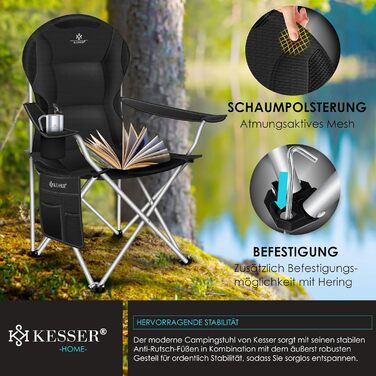 Крісло для кемпінгу KESSER® - складне, до 150 кг, з підлокітниками, високою спинкою, кишенею та тримачем для напоїв, хакі (чорний/чорний)