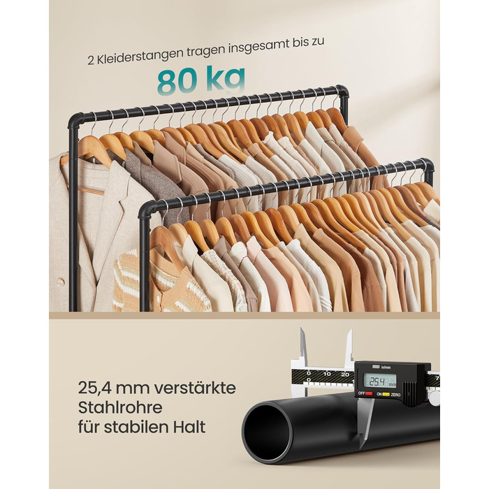 SONGMICS Clothes Rack, Clothes Rail, Coat Rack with 2 Clothes Rails and Shelf, Wheels, Load Capacity up to 110 kg, Industrial Design, for Bedroom, Dressing Room, white HSR060W01 (Black)