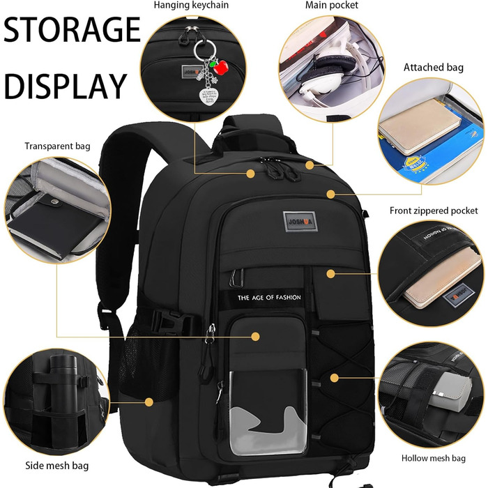 Чорний шкільний рюкзак для підлітків та дорослих: міцний, водонепроникний, для середньої школи та гімназії