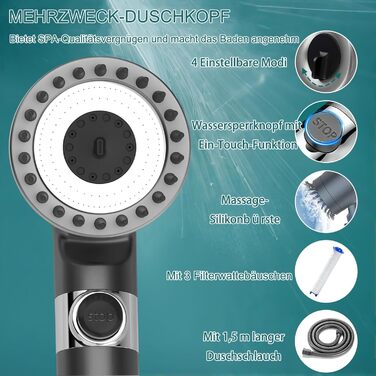 Фільтр для душу з високим тиском, ручна лійка з шлангом, 4 режими, економія води, фільтрація, стоп-функція, для жорсткої води, видаляє хлор та бактерії (Сучасний, Антрацит)