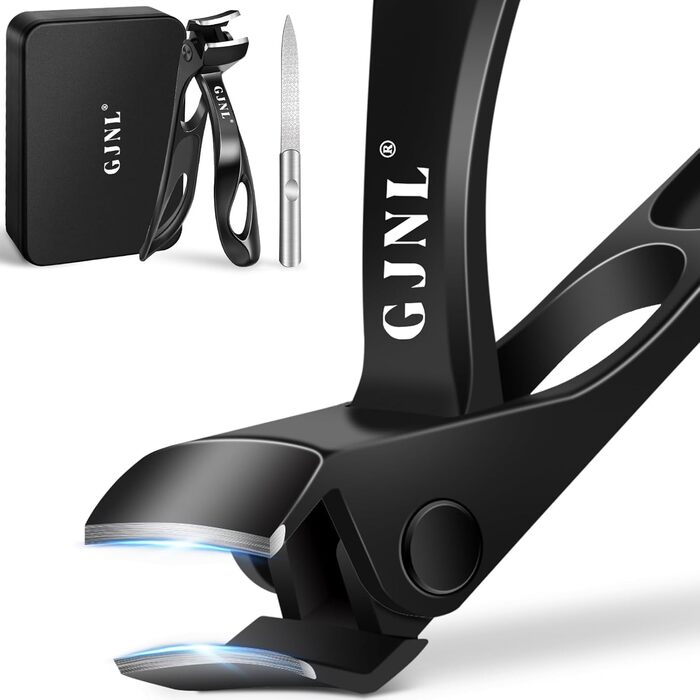 Ножиці для товстих нігтів, кутовий гострий нігтьовий кліпер для ніг з контейнером для чоловіків, довга ручка, вигнута леза (чорний)