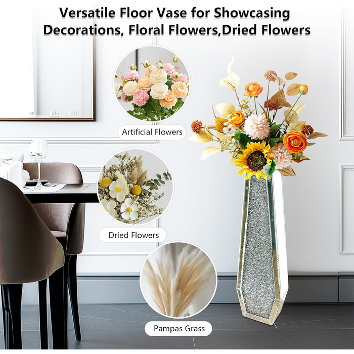 Ваза для квітів велика 68 см: срібна ваза з кристалами для пампас трави, скляна ваза з дзеркальним покриттям та блискітками, декоративна ваза для вітальні, інтер'єру – без підставки для води, 16L x 68H см