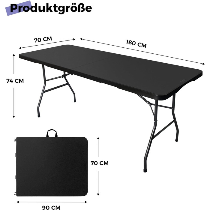 Складаний столик 180 см, портативний, міцний, пластиковий, для дому та відпочинку (чорний)