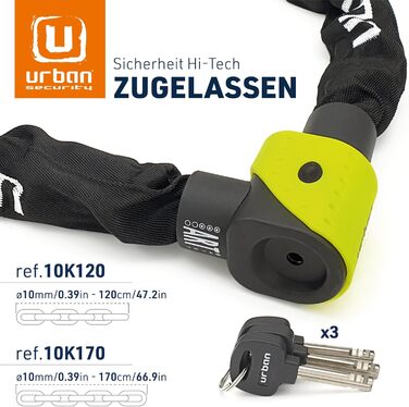 Ланцюговий замок для мотоцикла Urban Security 10K120 ART3, Ø10 мм, 120 см, для мотоциклів, моторолерів, електросамокатів