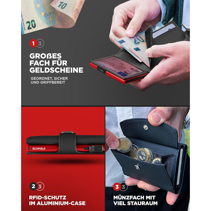 Чоловічий гаманець SF SCOFIELD з відділом для монет | Тонкий гаманець на 9-11 карт | RFID захист | Гаманець для чоловіків | Smart гаманець | Чоловіче портмоне | Чорний - Вогняно-червоний | Мюнцфах Max