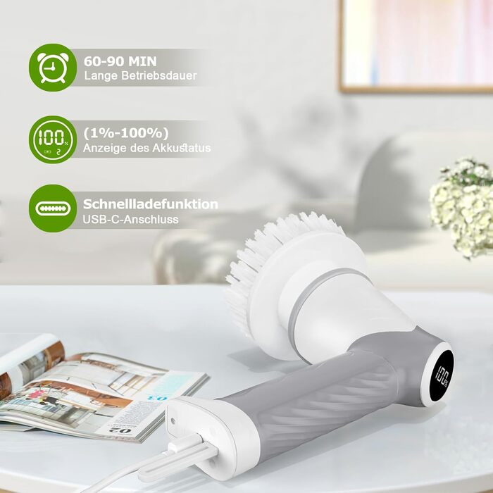 Електрична щітка для чищення, портативна, з обертанням, акумуляторна, 5 насадок, для миття дисків, плитки, ванної, кухні, підлоги, кутів, вікон та авто