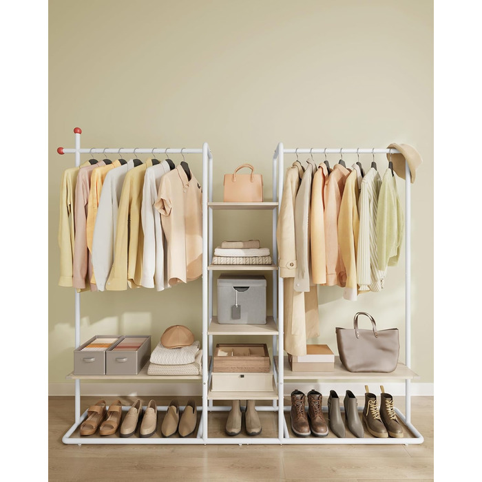 SONGMICS Стійка для одягу з відкритими полицями, 6 поличок, 2 перекладини, гачки, для спальні, приглушено-бежевий + матовий білий, RGR012K01