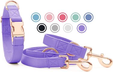 Набір повідка та нашийника для собак з м'якої шкіри, 2 м, 3-х рівневе регулювання, стильна рожева металева застібка, нейлонові повідки для цуценят, собак маленьких, середніх та великих порід, S (XS (обхват шиї 20-30.5 см, ширина 1.5 см), фіолетовий)