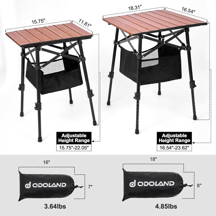 Складний алюмінієвий стіл для кемпінгу Odoland з регульованою висотою та сумкою для зберігання 46x42x42-60 см