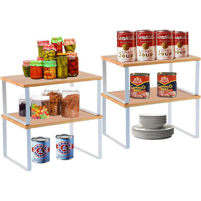 HMRACK Spice Rack, 4-Piece Bamboo Set, Expandable Kitchen Shelf, Stackable Spice Holder, Metal and Wood Composite, White and Natural