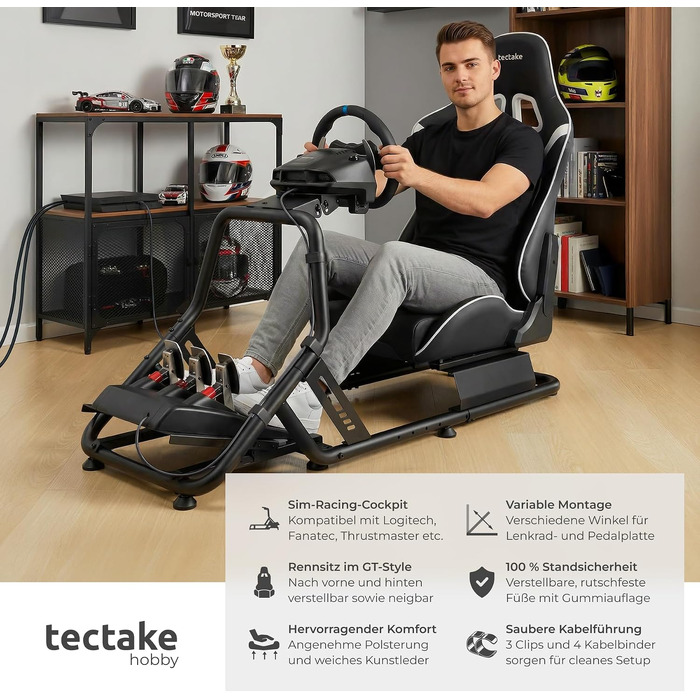 Ігровий симулятор Sim Racing Cockpit tectake® для Fanatec, Logitech, Thrustmaster, регульоване гоночне крісло GT-Style, сталевий каркас, до 120 кг, чорний