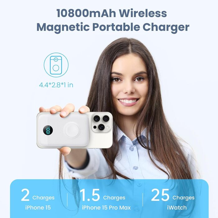 Power Bank Магнітний 10800mAh з підтримкою MagSafe, 4-в-1 з зарядкою для Apple Watch, QC4.0+PD 22.5W USB-C, LED-дисплей, для iPhone 15/14/13/12 Series, білий