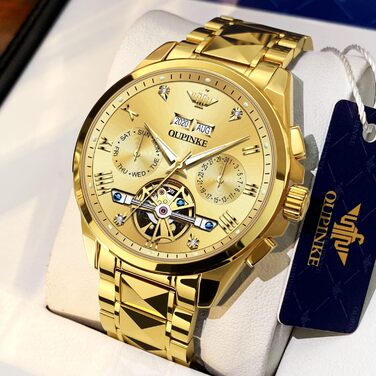 Чоловічий годинник OLEVS Automatik Skeleton з автопідзаводом: механічний годинник з люксовим дизайном, сапфіровим склом, вологостійкий, з браслетом з вольфрамової сталі (3186 Goldene)