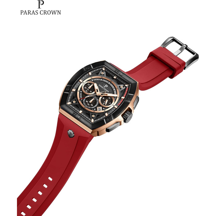 Чоловічий годинник-хронограф на кварцовому механізмі з японським годинниковим механізмом, 5ATM, корпус з нержавіючої сталі, тонка форма корпусу (Tonneau), силіконовий ремінець (рожево-червоний)