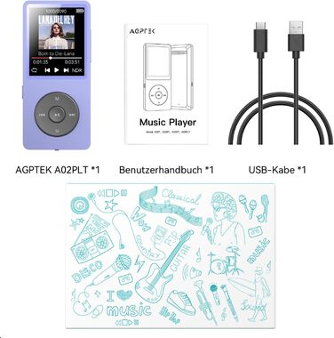 MP3 плеєр AGPTEK 64GB Bluetooth 5.3 з динаміком, радіо FM, екран 1.8
