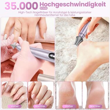 Бездротовий фрезер для нігтів 35.000 об/хв - професійний нейл-дриль для гелю та акрилу, електрична нігтьова пилка з регулюванням швидкості (фіолетовий)
