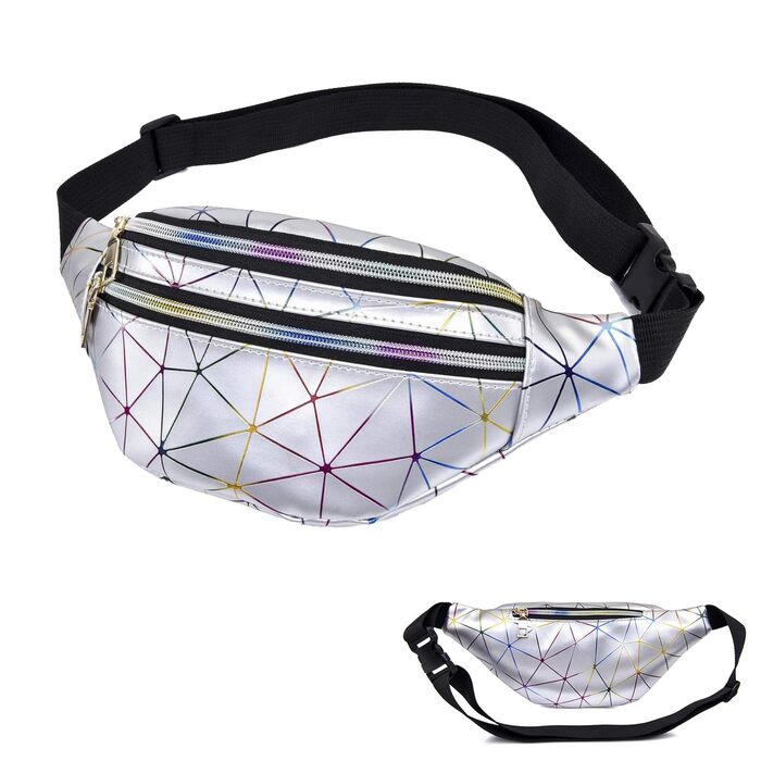 Сумка на пояс 80-х для жінок, лазерний стиль, блискітки, регульований ремінь, водонепроникна, для активного відпочинку, подорожей, туризму, відпустки (срібна, оновлена версія)
