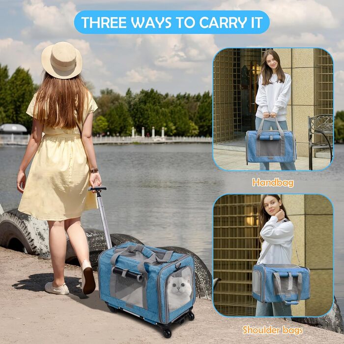 Переноска для тварин ALLSOPETS з колесами для котів та собак, блакитна