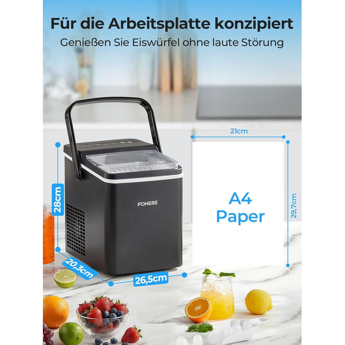 Машина для приготування льоду FOHERE з ручкою, 14 кг/24 год, 9 кубиків льоду за 5 хвилин, 2 розміри, самоочищення, портативна з лопаткою та кошиком – ідеальна для дому, кухні, офісу, кемпінгу, вечірки, RV