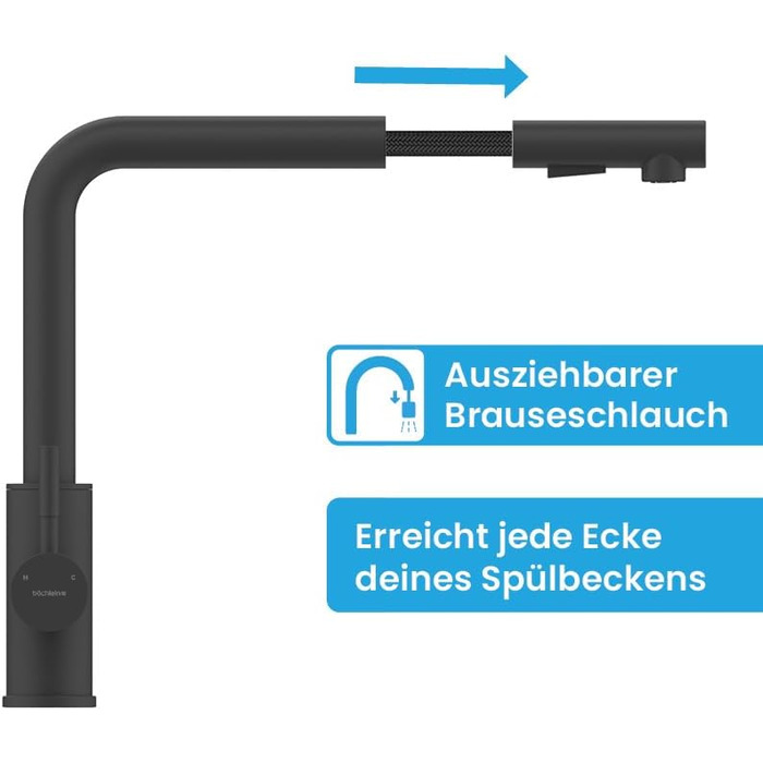 Кухонний змішувач Bächlein Varvaro – поворотний на 360° з висувним шлангом та душем, матовий чорний