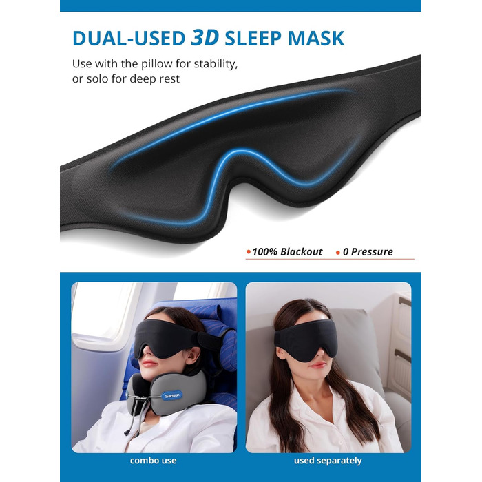 Подушка для шиї у літак Travel Pillow, подушка для подорожей з ременем та 3D-маскою для сну, з Memory Foam, для довгих перельотів та поїздок на авто (Бежева)