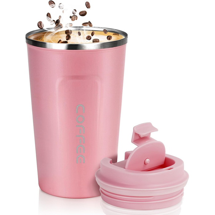 Термокружка Flintronic 510 мл з подвійними стінками, з нержавіючої сталі, з кришкою, для кави та чаю (рожевий)