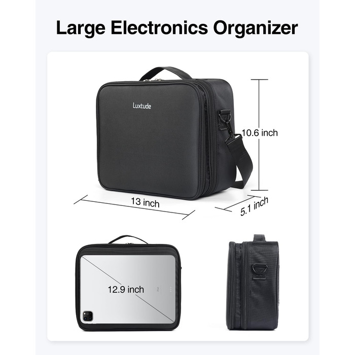 Органайзер для електроніки Luxtude: велика дорожня сумка, подвійний шар, Tech-сумка, органайзер для кабелів, для iPad (до 12,9 дюймів), чорний, XL