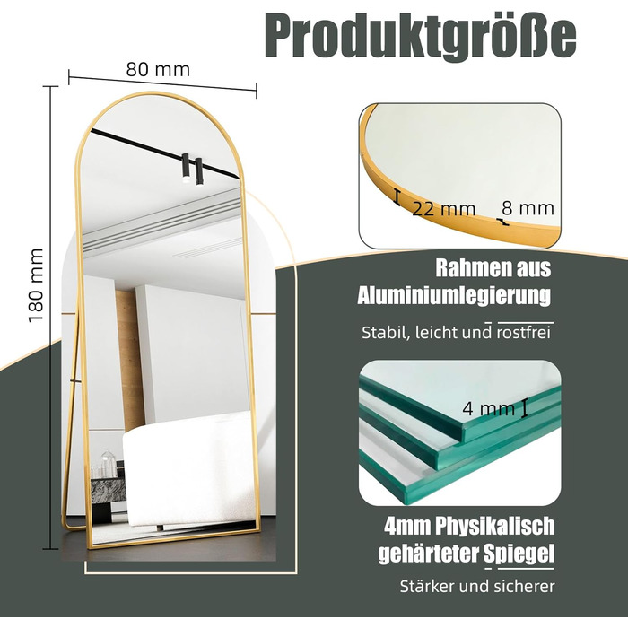 Aufhellender Standspiegel mit Metallrahmen (140x40cm & 180x80cm Optionen)