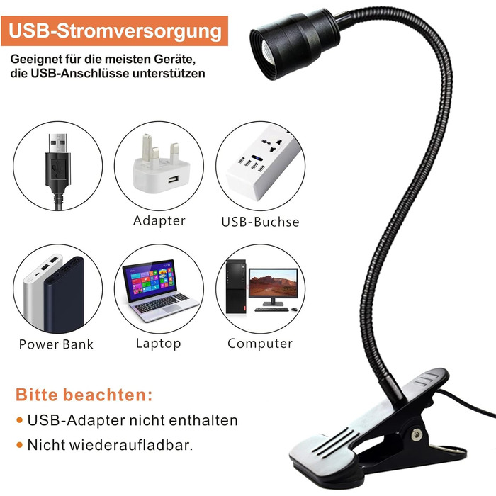 Світлодіодна приліжкова лампа з кліпсою Zoombare: диммер, гнучкий гусак, 3 режими світла, 10 рівнів яскравості, чорна