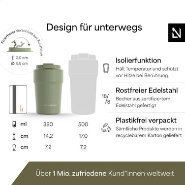 Термокружка для кави та чаю LARS NYSØM 380 мл Sage Green | Термокружка з нержавіючої сталі, ізольована, для подорожей | Непроливається, 0,38 л