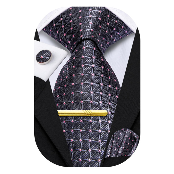 Чоловіча краватка Hi-Tie шовкова, сіро-рожева картата, формальна, з кишеньковою хустинкою та затискачем для краватки, набір для весілля та бізнесу