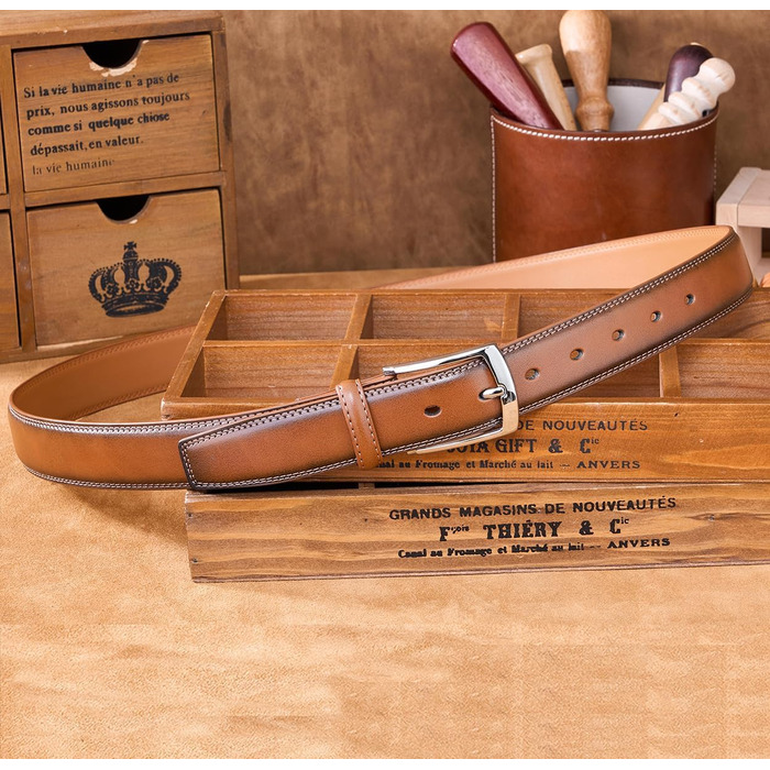 Чоловічий шкіряний ремінь VRLEGEND 35 мм для бізнесу та офіційних заходів, ремінь до костюма, з подарунковою коробкою (колір коричневий, розмір 120 см/140 см)