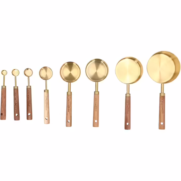 8-Piece Measuring Cup and Spoon Set, Stainless Steel Measuring Cups with Wooden Handle, Bartender Scale, Measuring Spoons, Baking Tool for Food, Spices, Milk