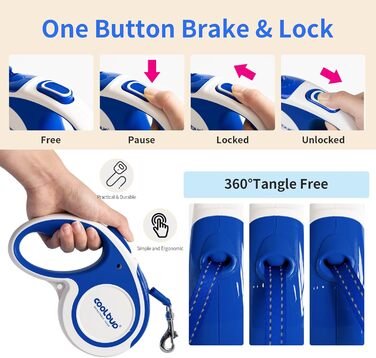 Рулетка для собак, 4.6 м, для малих, середніх та великих собак до 110 кг, міцна, з гальмом та фіксацією, зелена/синя (Large)