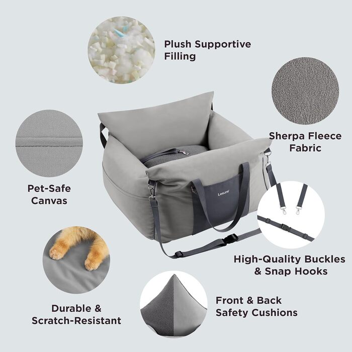 Lesure Dog Seat Car Small Dogs - Waterproof and Washable Dog Car Seat with Storage Pockets, Detachable Safety Leash, and Thickened Memory Foam Padding, 58x56x33cm, gray