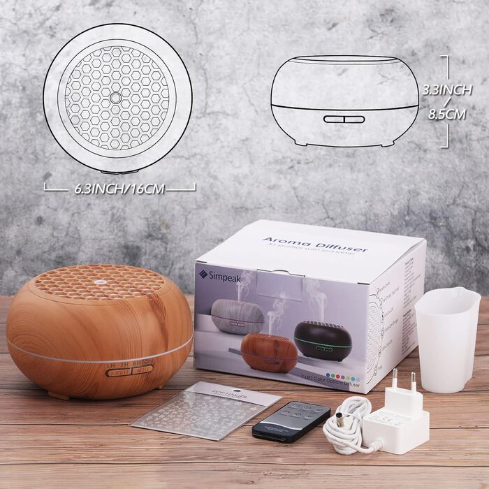 Дифузор Aroma Simpeak 550мл, ультразвуковий аромадифузор з дерева для ефірних олій, зволожувач повітря з пультом дистанційного керування, світло-коричневий
