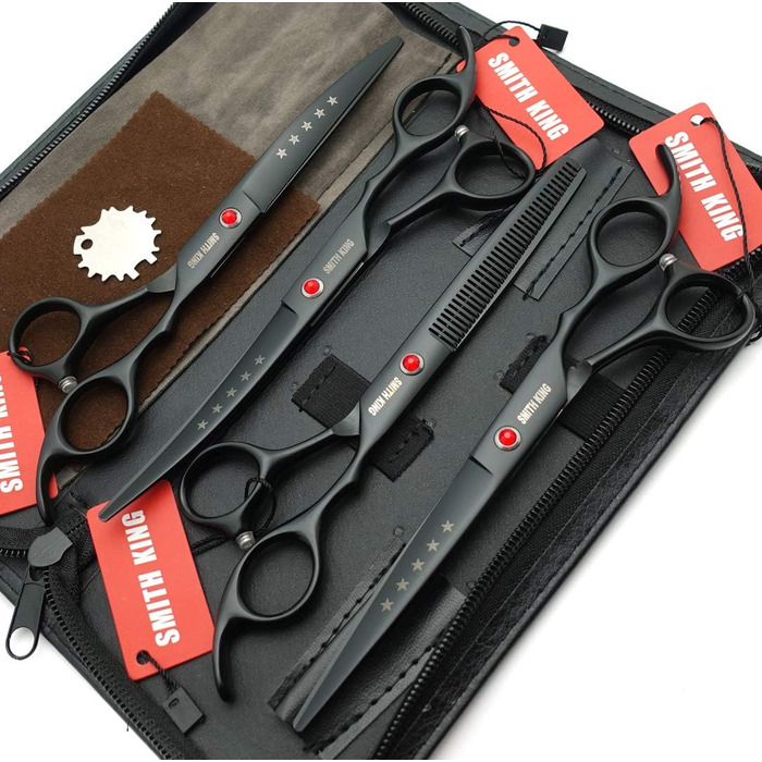 Набір ножиць для грумінгу собак 7 дюймів: прямі та витончені ножиці, 4 шт. (чорний)