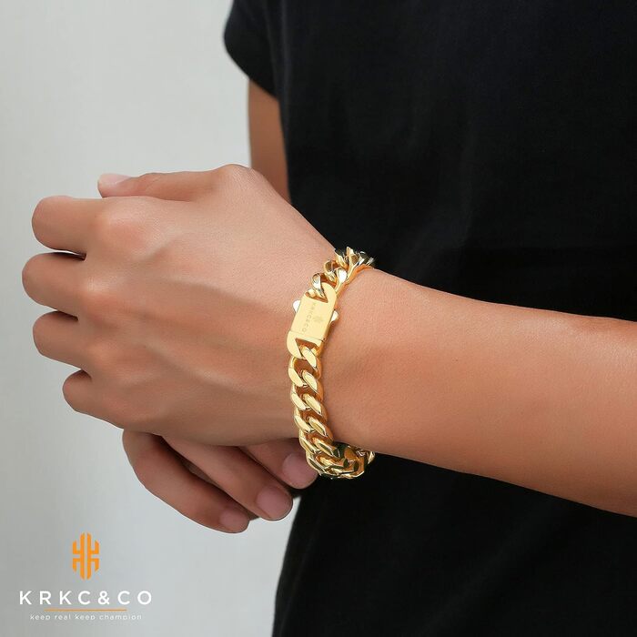 Чоловічий браслет KRKC&CO, кубинське плетиво, 18 мм, Miami Iced Out, кубинське панцерне з'єднання, 18-каратне золото, міцний, Urban Streetwear, браслет у стилі хіп-хоп для чоловіків (Golden-12mm, 19.0 см)