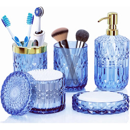 Набір аксесуарів для ванної кімнати Qivine 5 шт., блакитний: стакан для зубної пасти, дозатор мила, контейнер для ватних паличок. Сучасний набір скляних аксесуарів для ванної кімнати